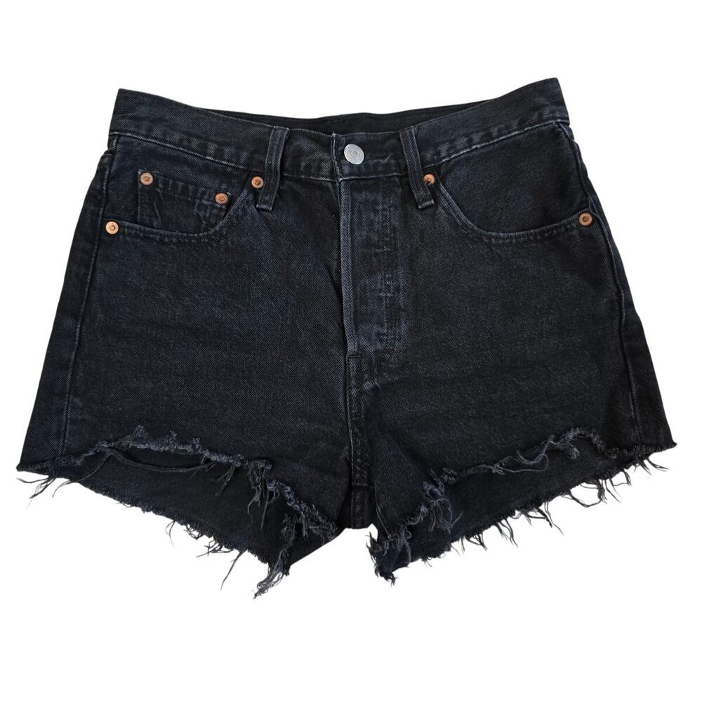 Levi’s 501 High Rise Black Denim Cutoff Shorts Distressed Hem Size 25